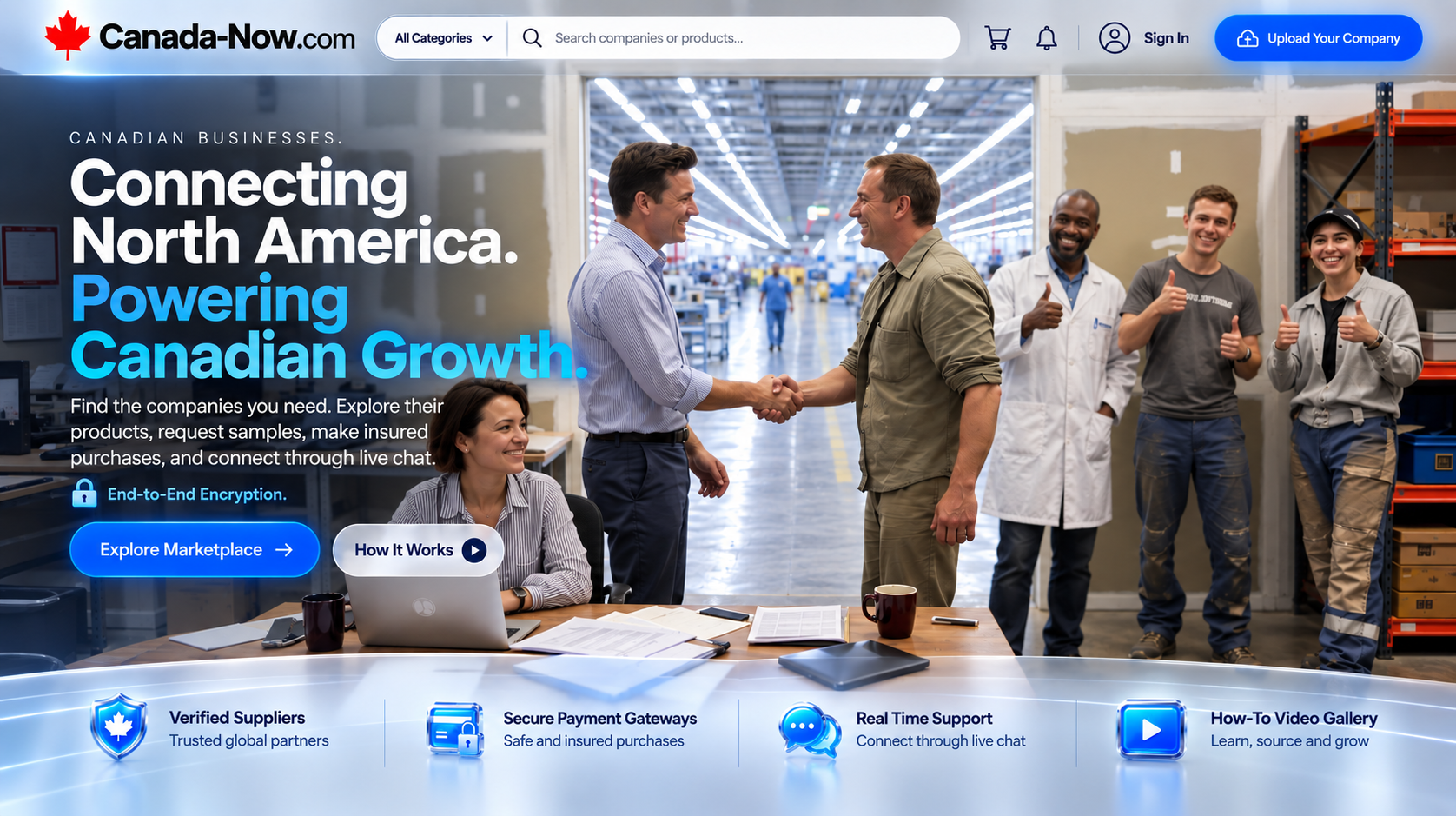Canada-Now marketplace homepage showing Canadian businesses connecting in a modern factory